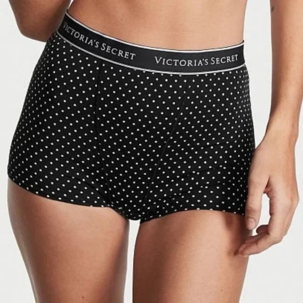 VS XXL Victoria's Secret Logo Cotton High-Waist Boyshort Black White Dot NWT